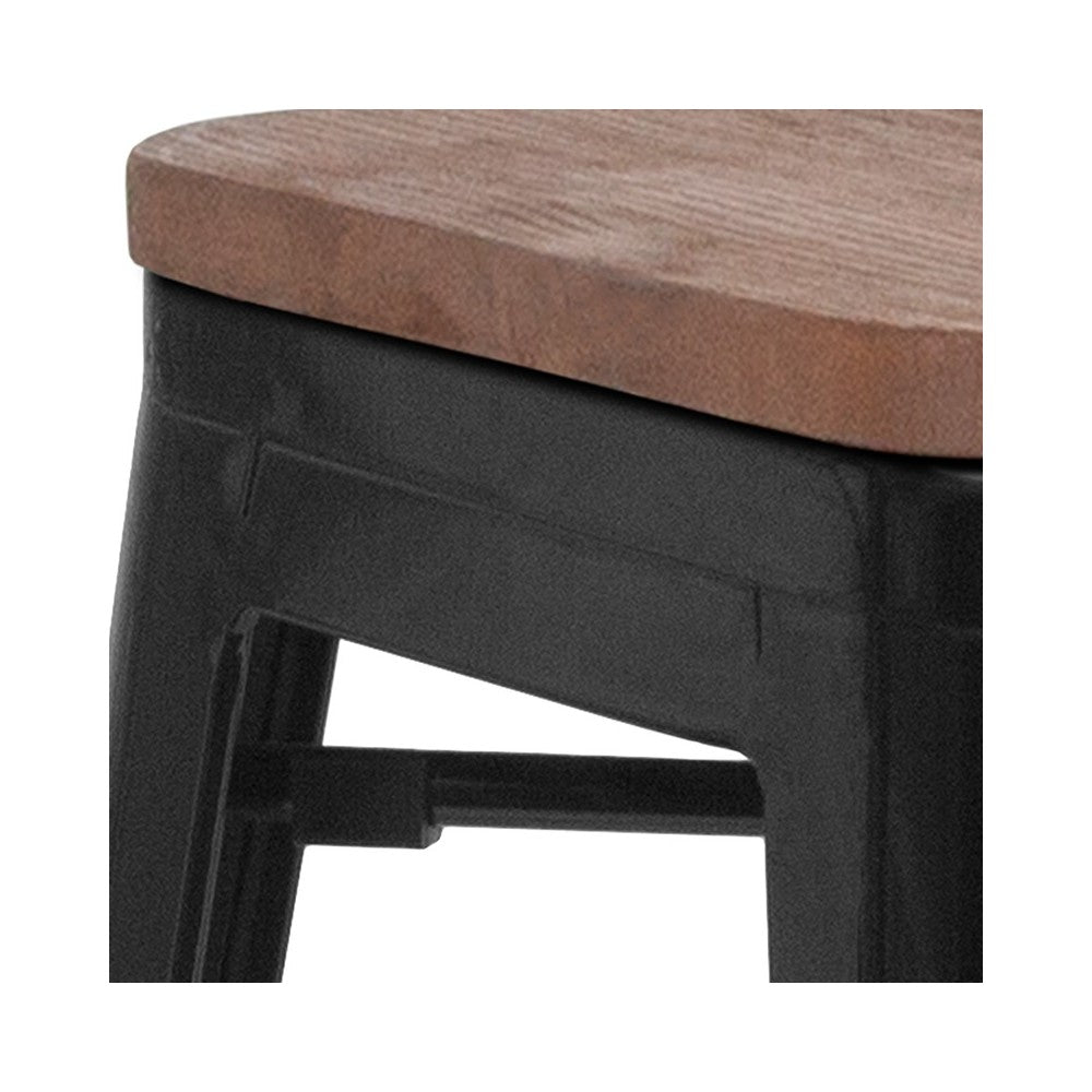 24" High Backless Black Metal Counter Height Stool with Square Wood Seat