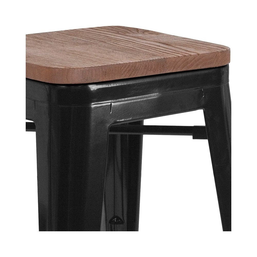 24" High Backless Black Metal Counter Height Stool with Square Wood Seat