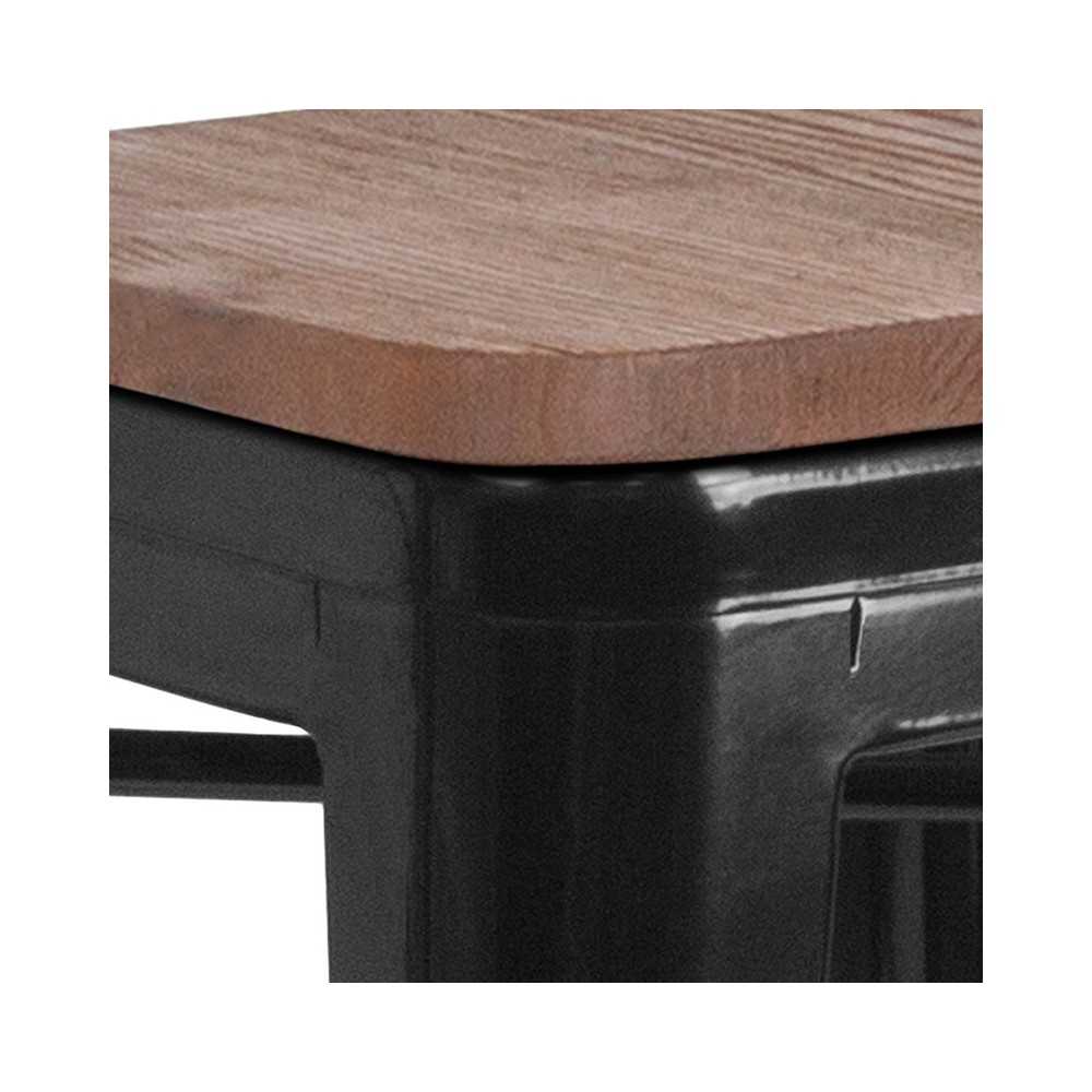 24" High Backless Black Metal Counter Height Stool with Square Wood Seat