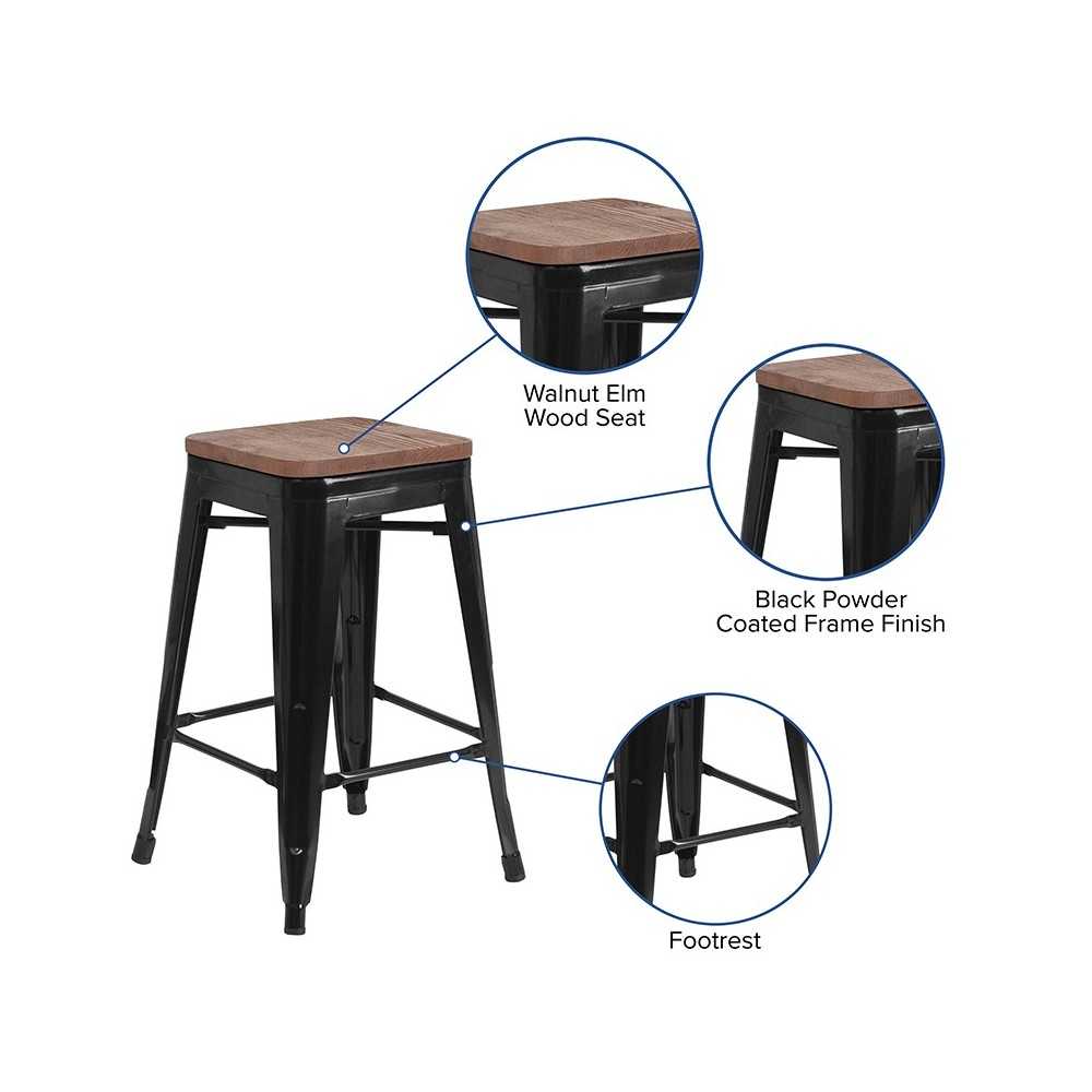 24" High Backless Black Metal Counter Height Stool with Square Wood Seat