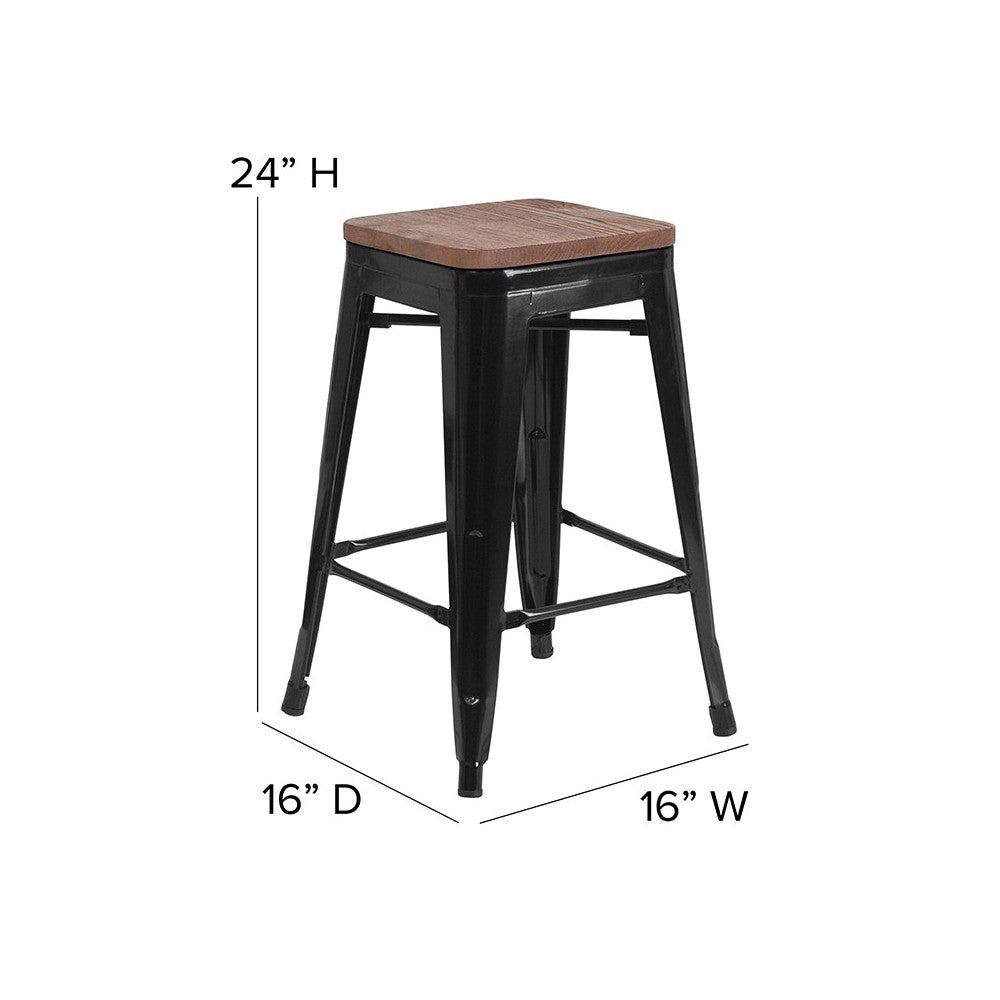 24" High Backless Black Metal Counter Height Stool with Square Wood Seat