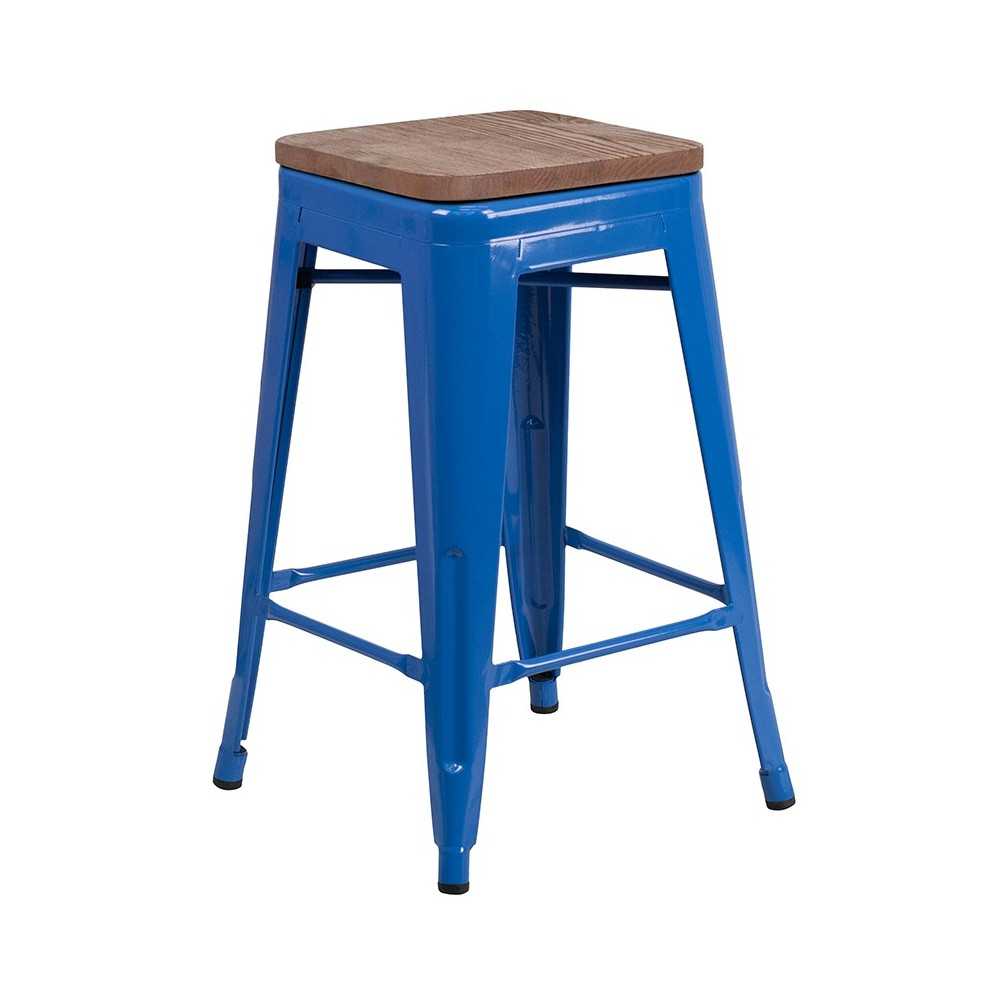24" High Backless Blue Metal Counter Height Stool with Square Wood Seat