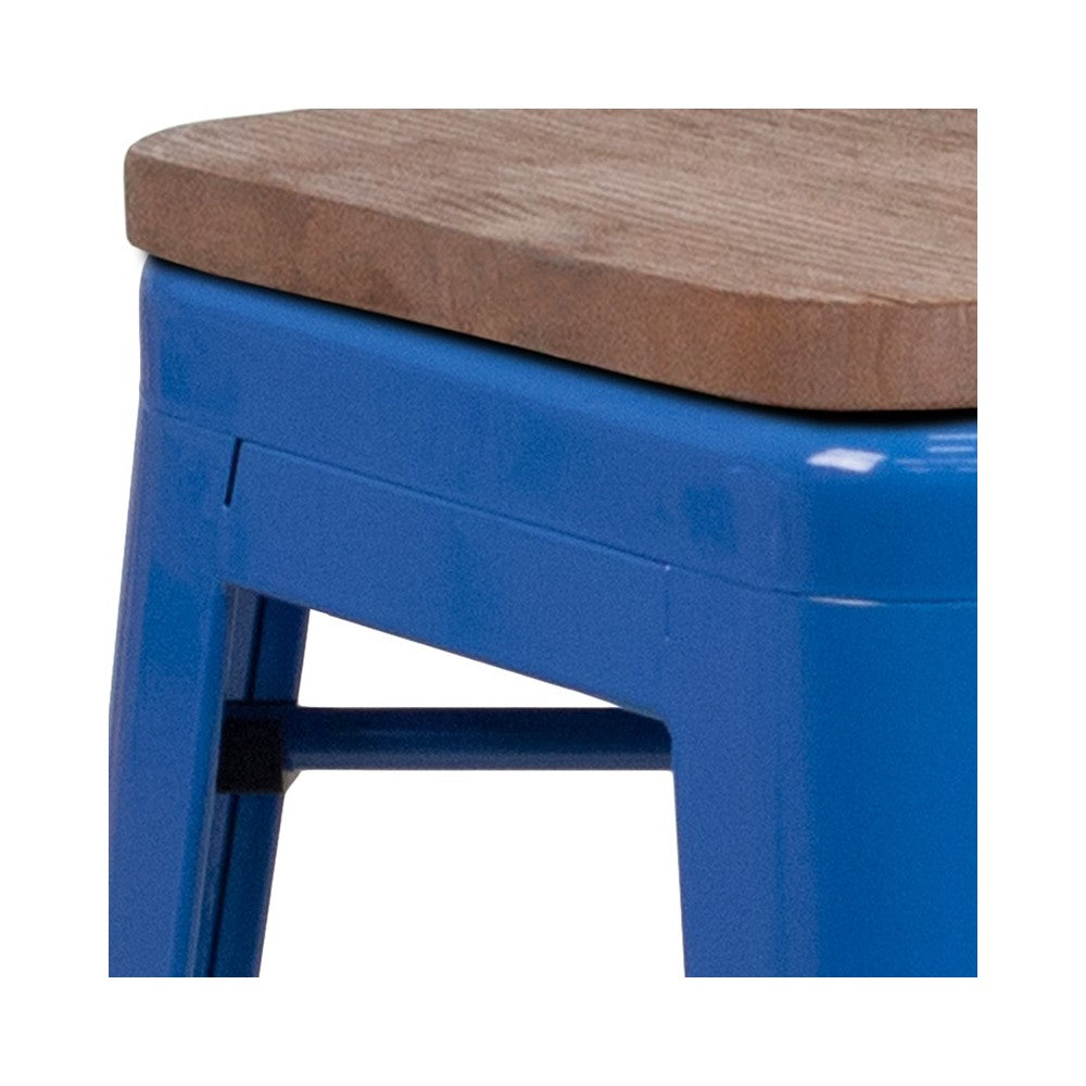 24" High Backless Blue Metal Counter Height Stool with Square Wood Seat