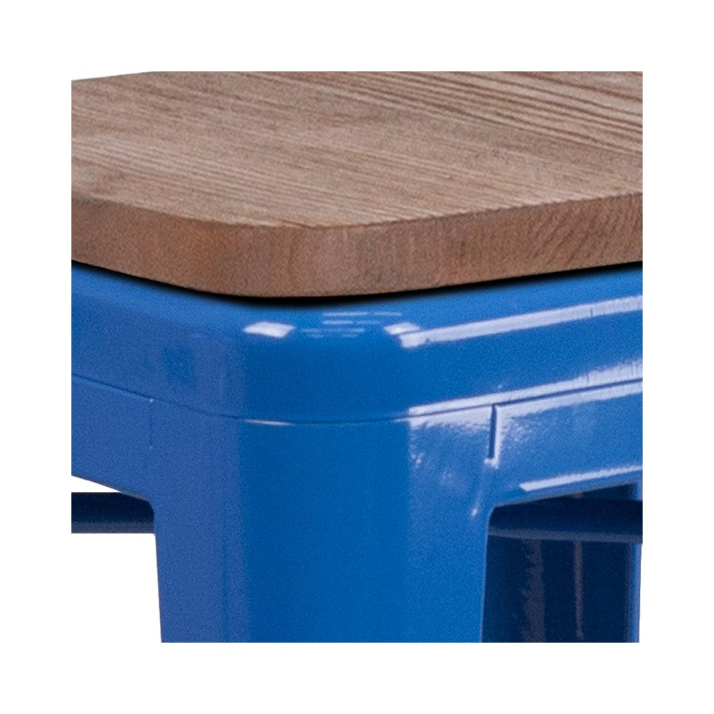24" High Backless Blue Metal Counter Height Stool with Square Wood Seat
