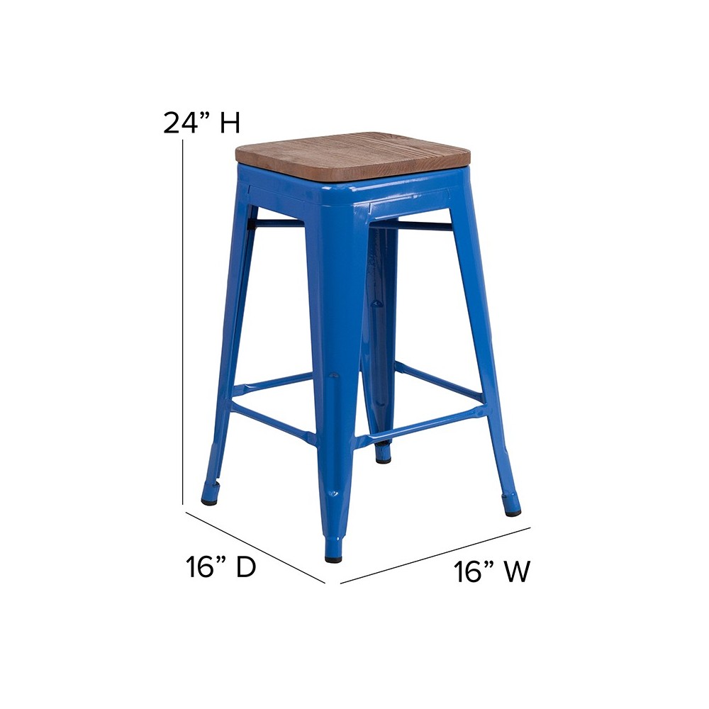 24" High Backless Blue Metal Counter Height Stool with Square Wood Seat