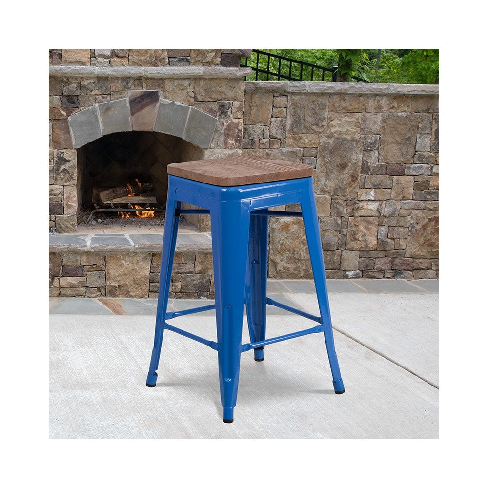 24" High Backless Blue Metal Counter Height Stool with Square Wood Seat