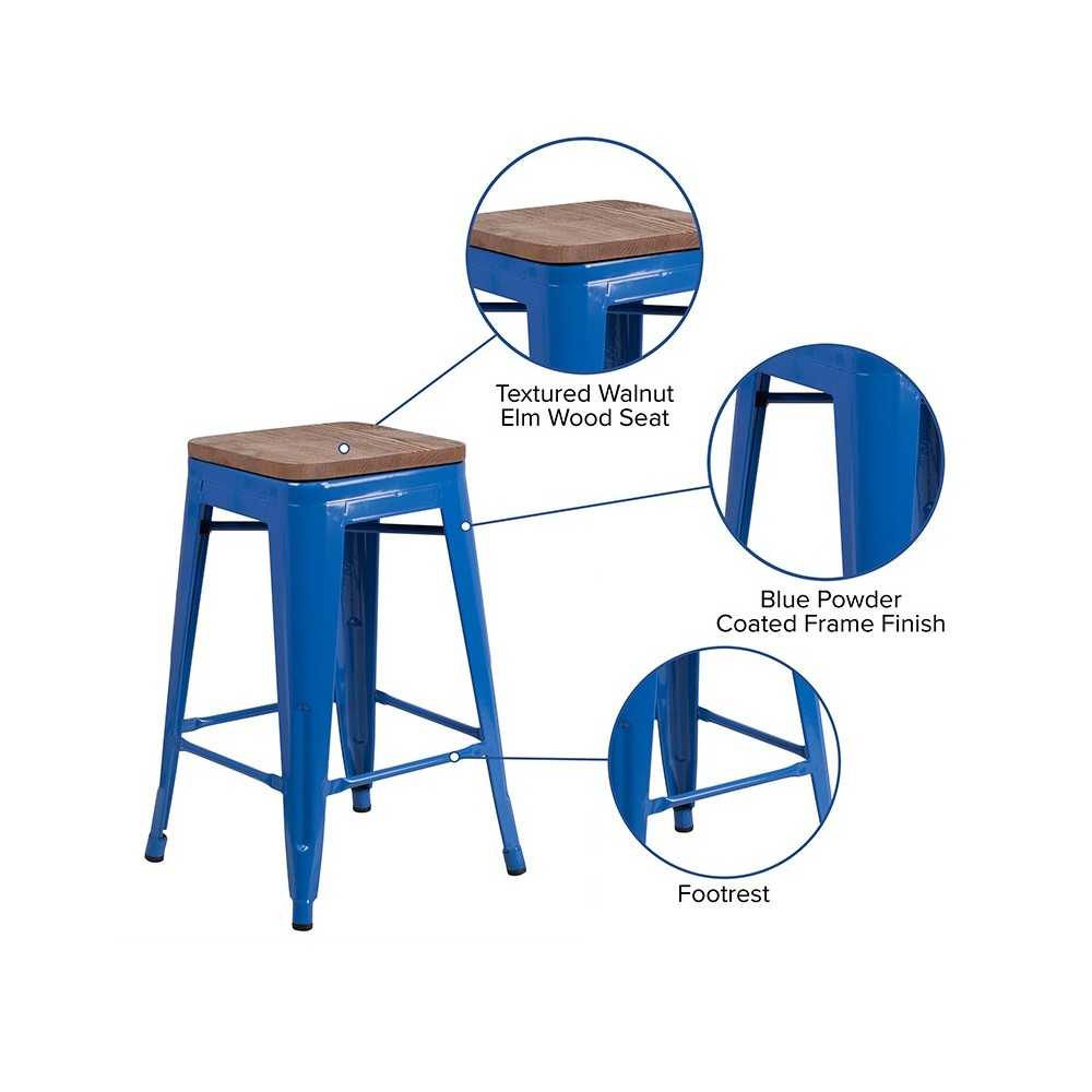 24" High Backless Blue Metal Counter Height Stool with Square Wood Seat