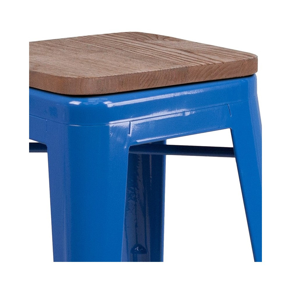 24" High Backless Blue Metal Counter Height Stool with Square Wood Seat