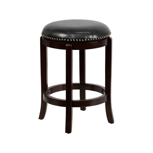 24'' High Backless Cappuccino Wood Counter Height Stool with Black LeatherSoft Swivel Seat