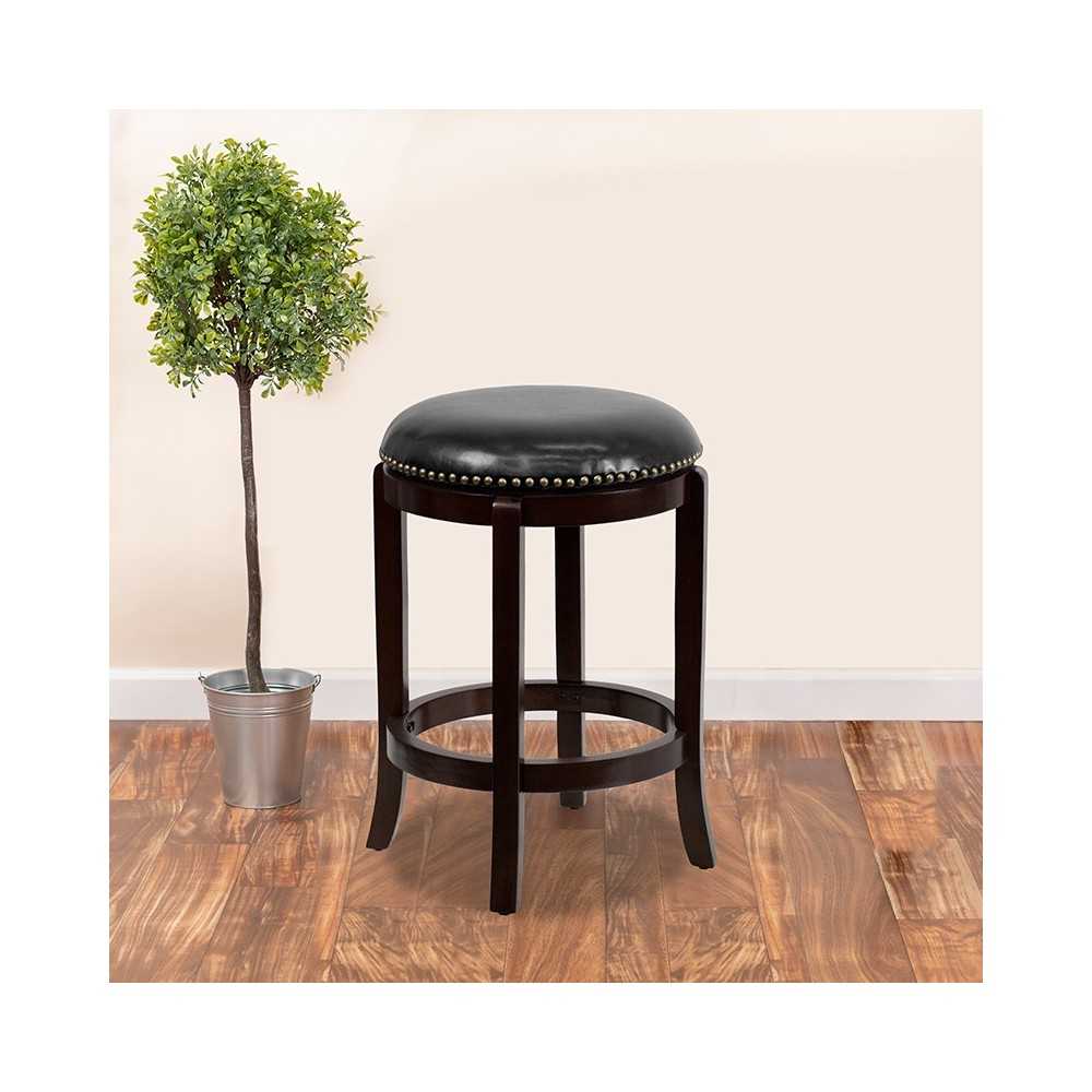 24'' High Backless Cappuccino Wood Counter Height Stool with Black LeatherSoft Swivel Seat