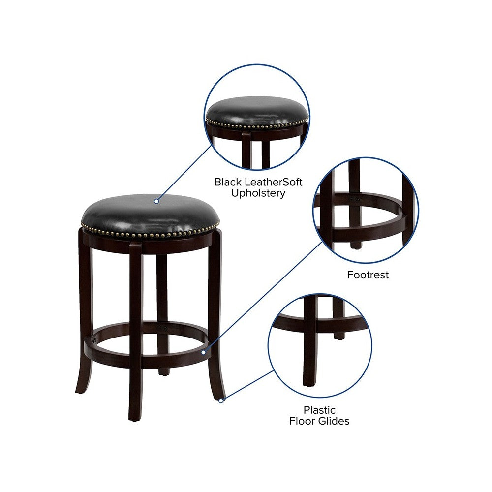 24'' High Backless Cappuccino Wood Counter Height Stool with Black LeatherSoft Swivel Seat