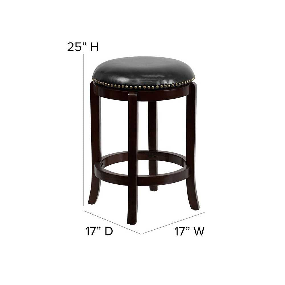 24'' High Backless Cappuccino Wood Counter Height Stool with Black LeatherSoft Swivel Seat