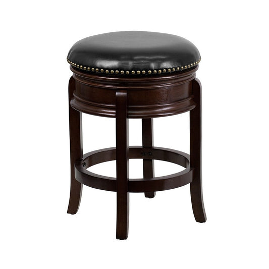 24'' High Backless Cappuccino Wood Counter Height Stool with Carved Apron and Black LeatherSoft Swivel Seat