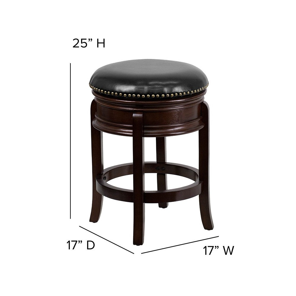 24'' High Backless Cappuccino Wood Counter Height Stool with Carved Apron and Black LeatherSoft Swivel Seat
