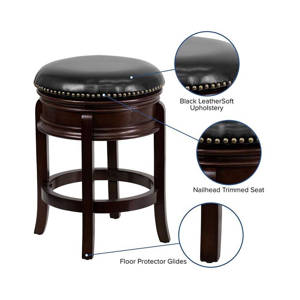 24'' High Backless Cappuccino Wood Counter Height Stool with Carved Apron and Black LeatherSoft Swivel Seat