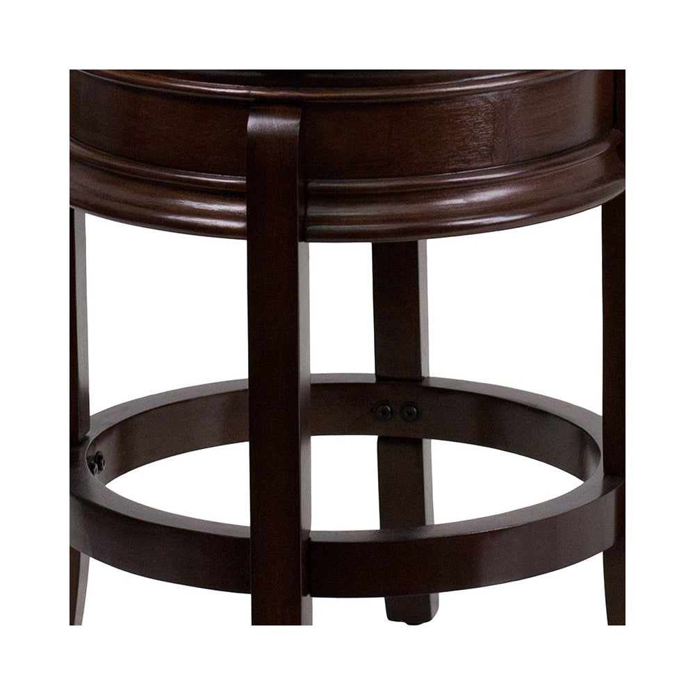 24'' High Backless Cappuccino Wood Counter Height Stool with Carved Apron and Black LeatherSoft Swivel Seat