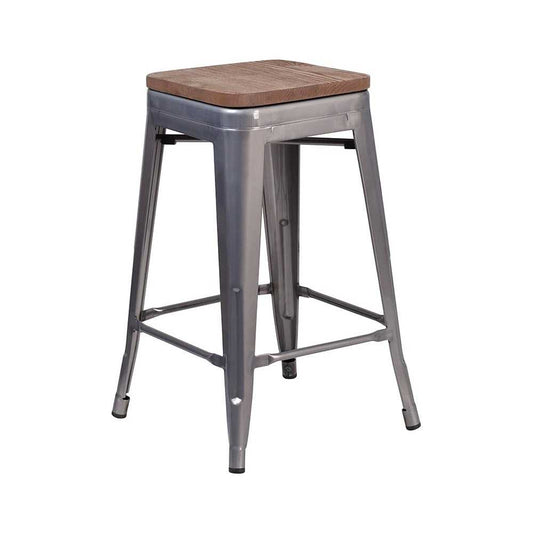 24" High Backless Clear Coated Metal Counter Height Stool with Square Wood Seat