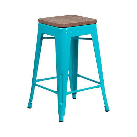 24" High Backless Crystal Teal-Blue Counter Height Stool with Square Wood Seat