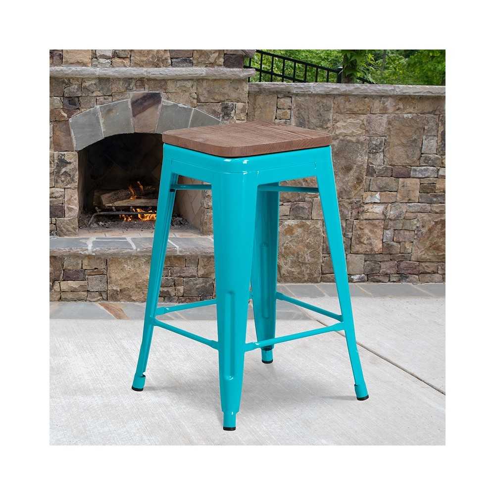 24" High Backless Crystal Teal-Blue Counter Height Stool with Square Wood Seat