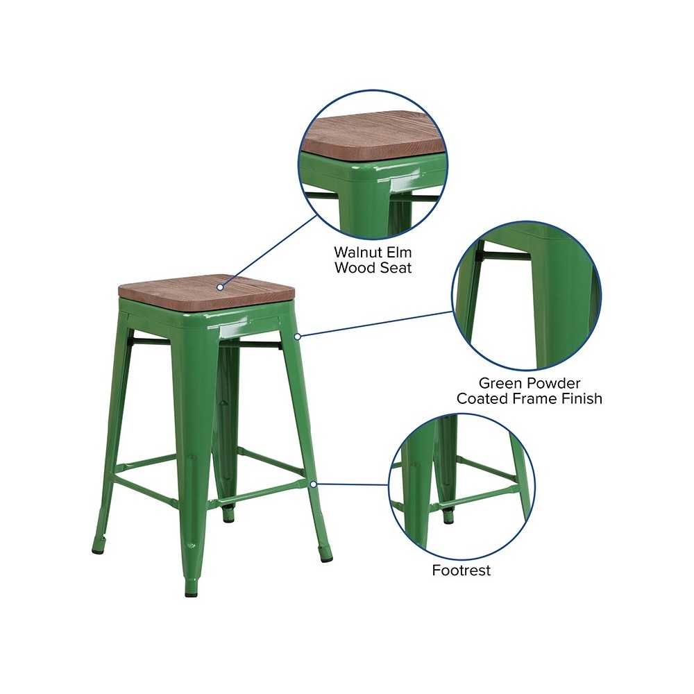 24" High Backless Green Metal Counter Height Stool with Square Wood Seat