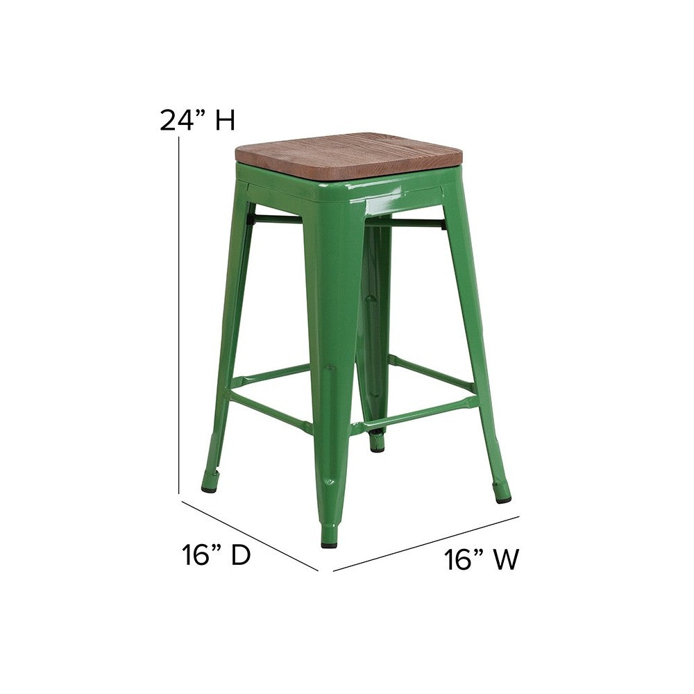24" High Backless Green Metal Counter Height Stool with Square Wood Seat