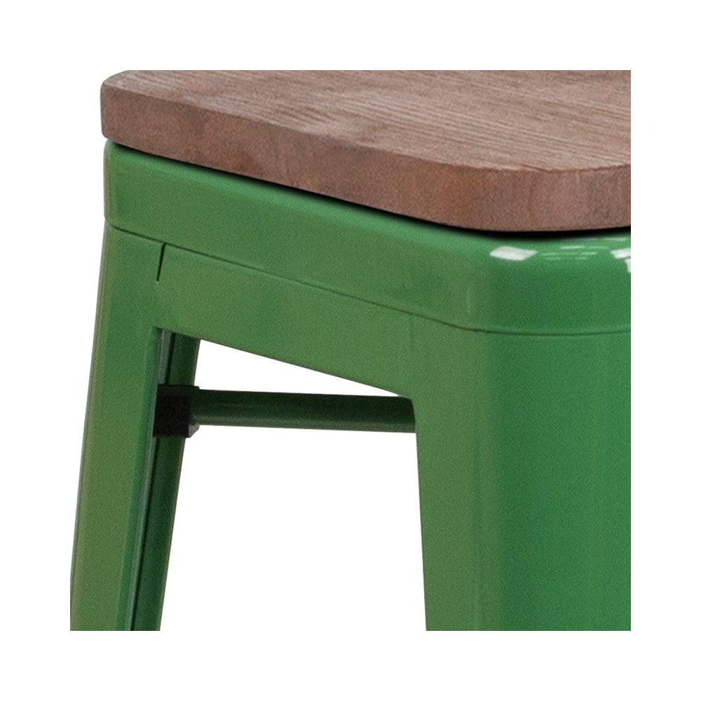 24" High Backless Green Metal Counter Height Stool with Square Wood Seat