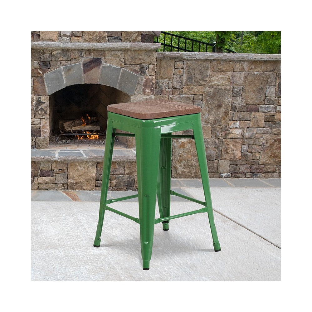 24" High Backless Green Metal Counter Height Stool with Square Wood Seat