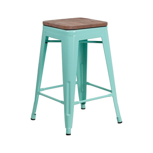 24" High Backless Mint Green Counter Height Stool with Square Wood Seat