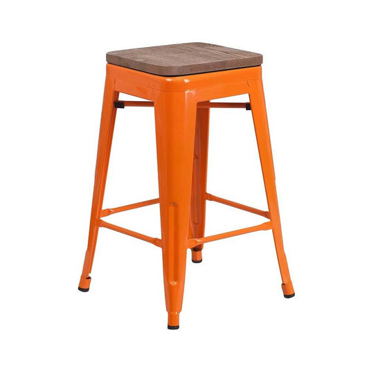 24" High Backless Orange Metal Counter Height Stool with Square Wood Seat