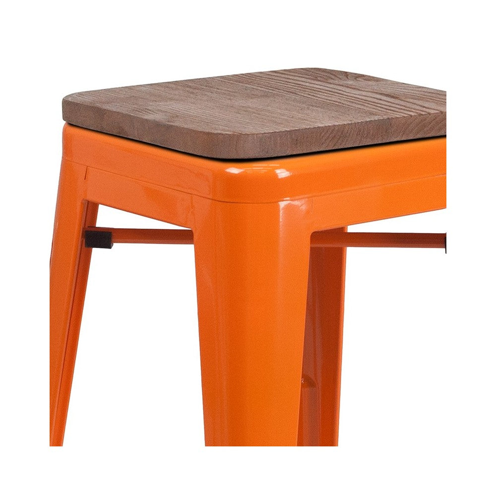 24" High Backless Orange Metal Counter Height Stool with Square Wood Seat