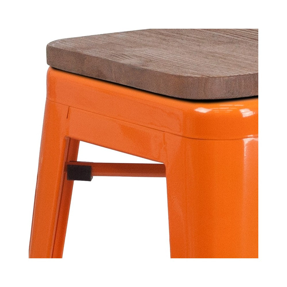 24" High Backless Orange Metal Counter Height Stool with Square Wood Seat