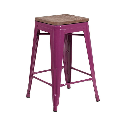 24" High Backless Purple Counter Height Stool with Square Wood Seat