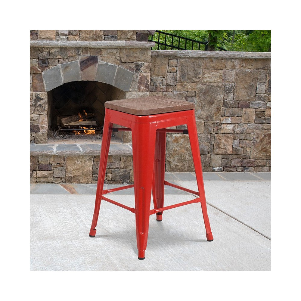24" High Backless Red Metal Counter Height Stool with Square Wood Seat