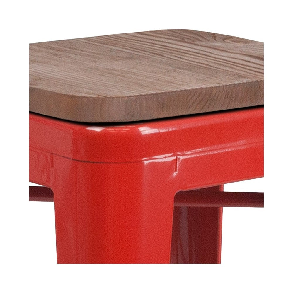24" High Backless Red Metal Counter Height Stool with Square Wood Seat