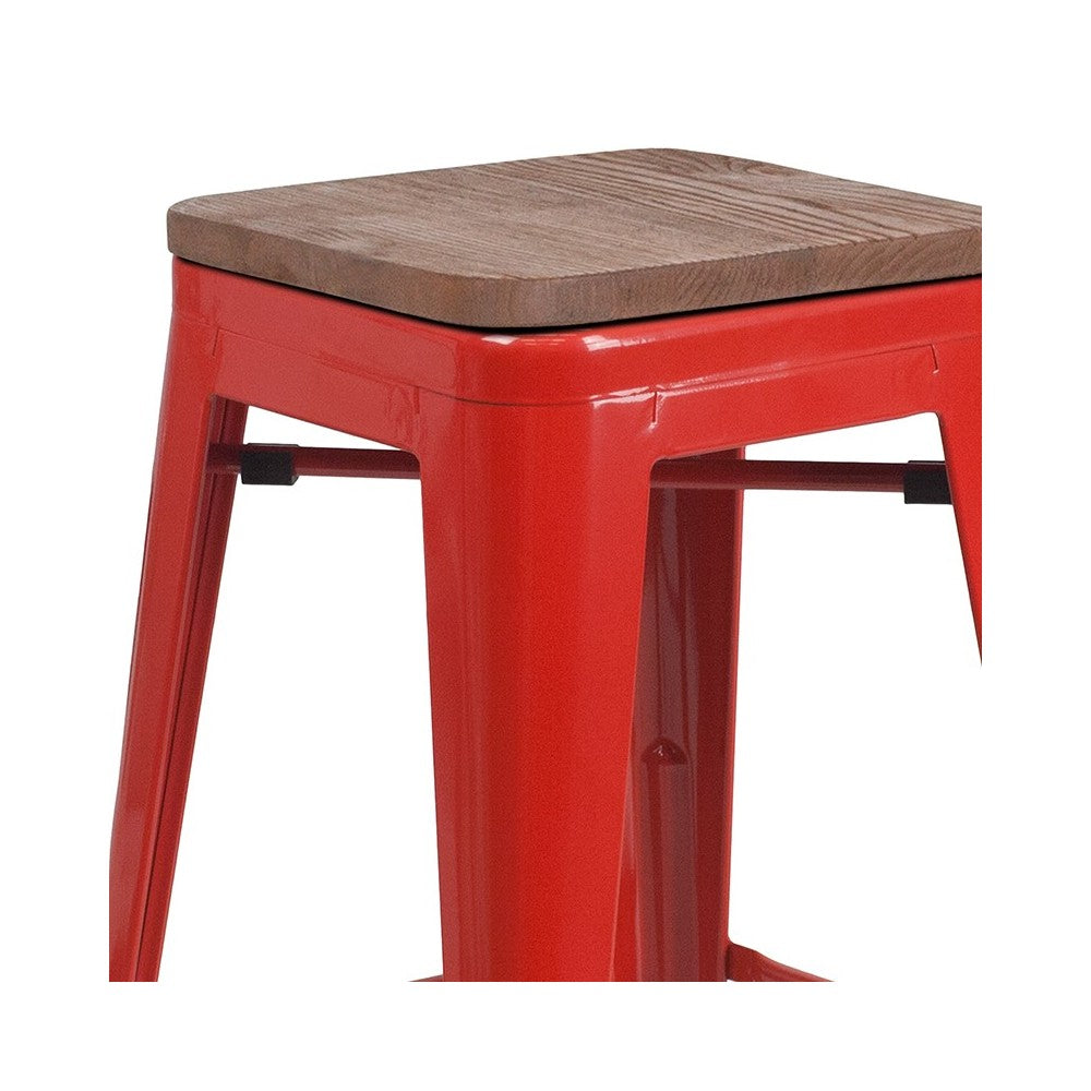 24" High Backless Red Metal Counter Height Stool with Square Wood Seat