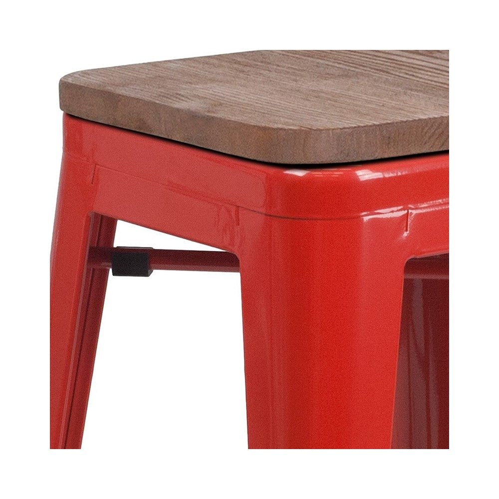 24" High Backless Red Metal Counter Height Stool with Square Wood Seat