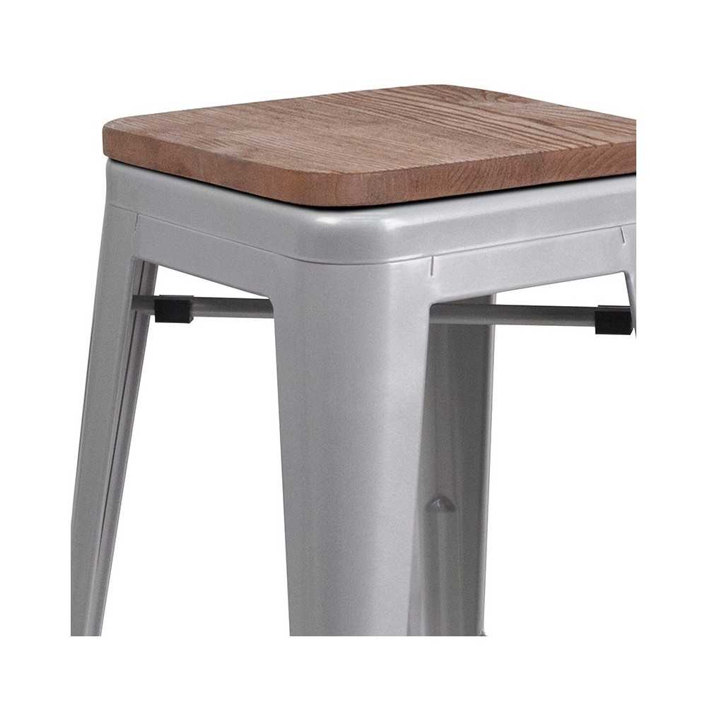 24" High Backless Silver Metal Counter Height Stool with Square Wood Seat