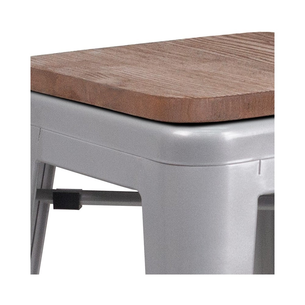 24" High Backless Silver Metal Counter Height Stool with Square Wood Seat