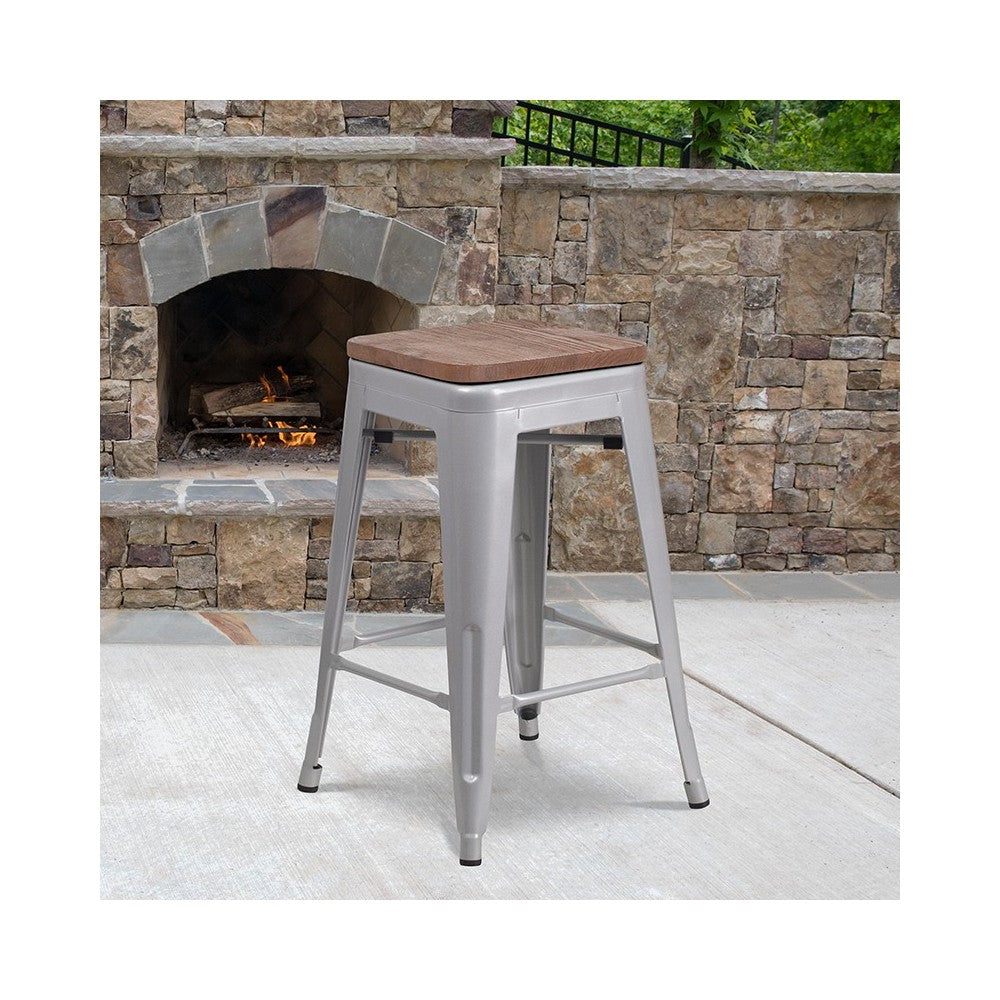 24" High Backless Silver Metal Counter Height Stool with Square Wood Seat