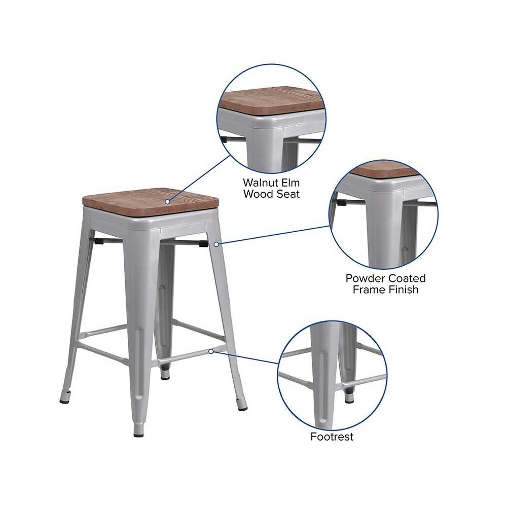 24" High Backless Silver Metal Counter Height Stool with Square Wood Seat
