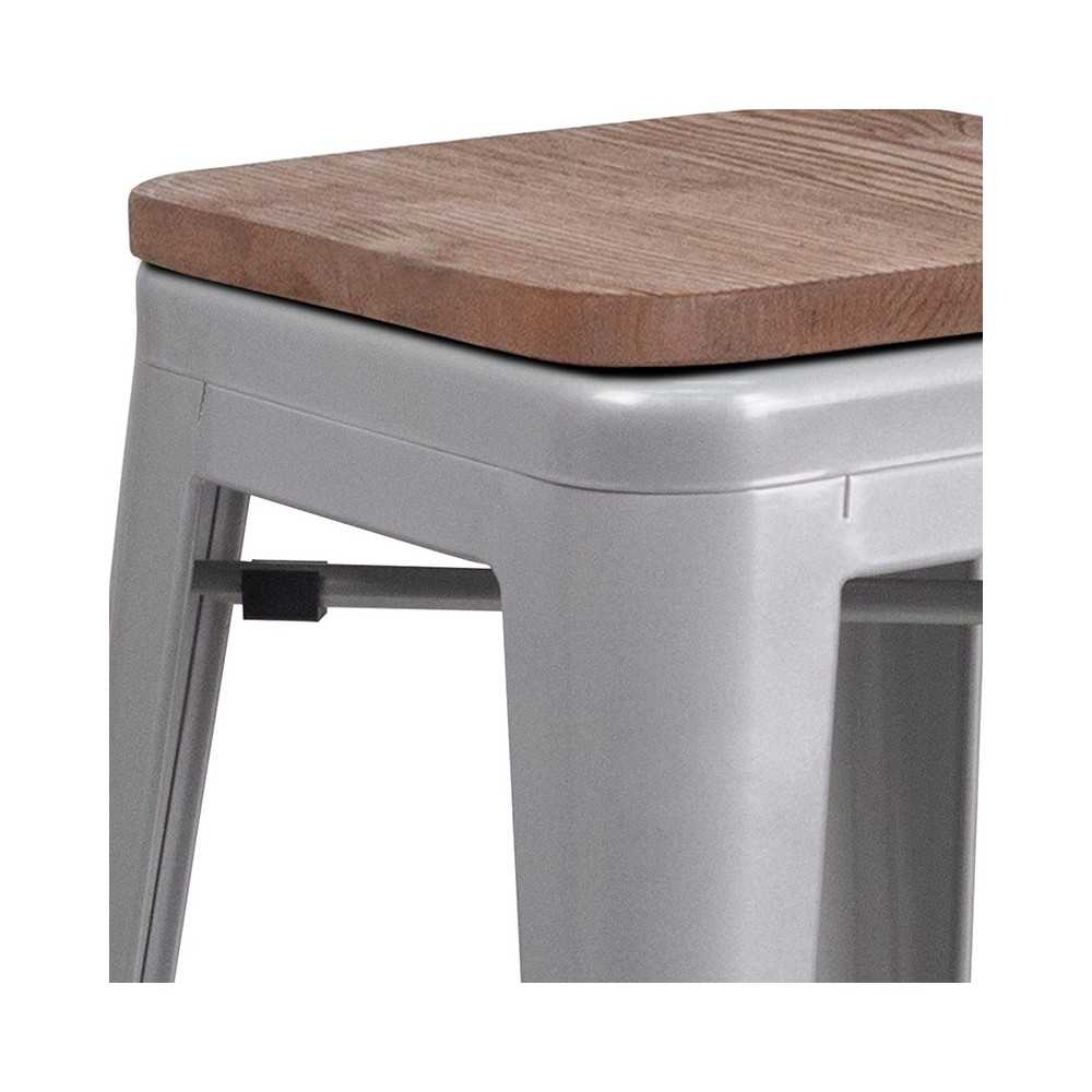 24" High Backless Silver Metal Counter Height Stool with Square Wood Seat