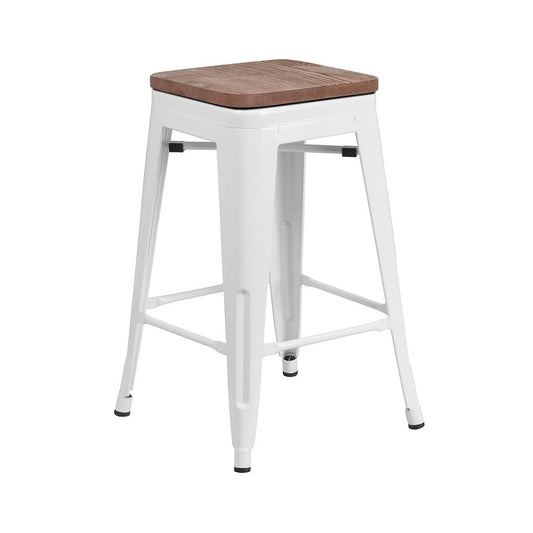 24" High Backless White Metal Counter Height Stool with Square Wood Seat