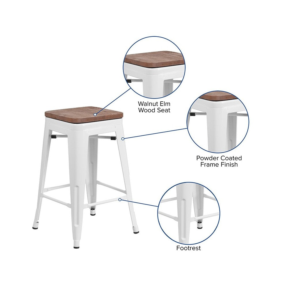24" High Backless White Metal Counter Height Stool with Square Wood Seat