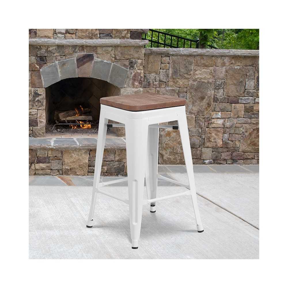 24" High Backless White Metal Counter Height Stool with Square Wood Seat