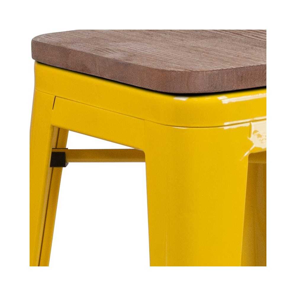 24" High Backless Yellow Metal Counter Height Stool with Square Wood Seat