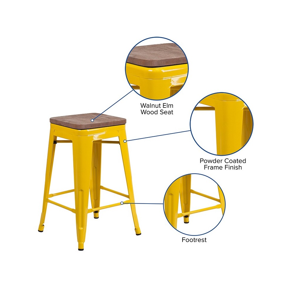 24" High Backless Yellow Metal Counter Height Stool with Square Wood Seat