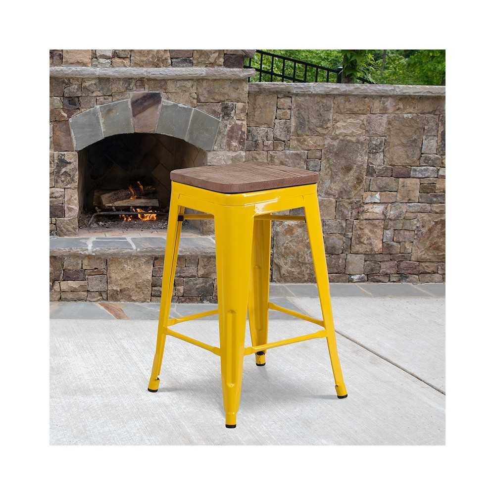 24" High Backless Yellow Metal Counter Height Stool with Square Wood Seat