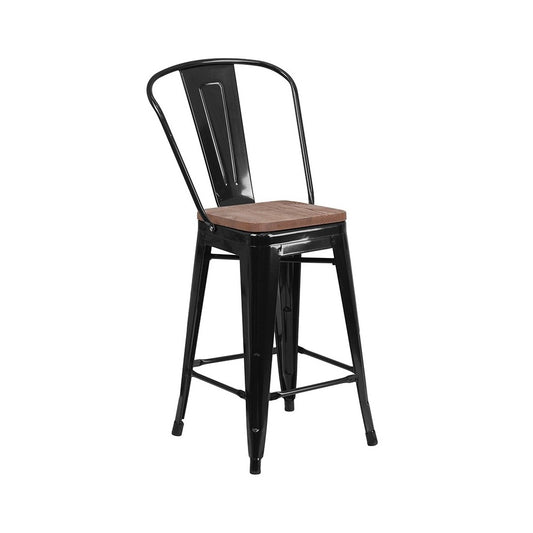 24" High Black Metal Counter Height Stool with Back and Wood Seat