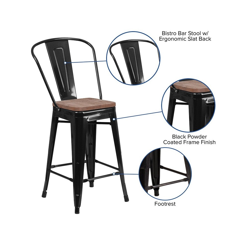 24" High Black Metal Counter Height Stool with Back and Wood Seat