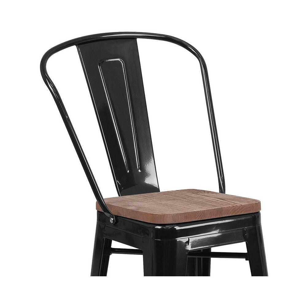24" High Black Metal Counter Height Stool with Back and Wood Seat